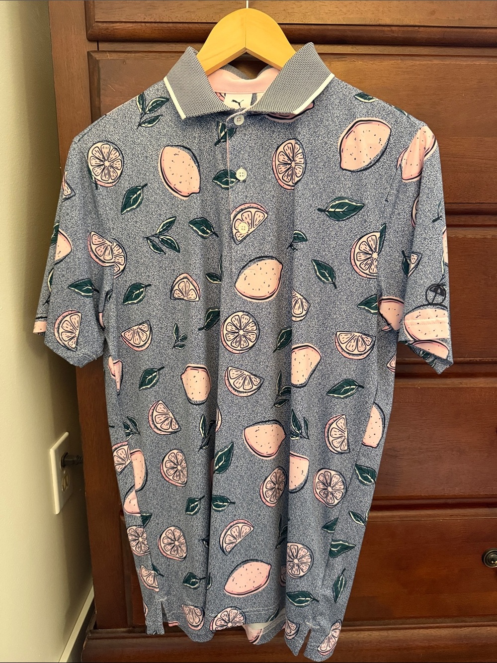 Puma Arnold Palmer Men's Heather Blue Polo with Pink Citrus Print